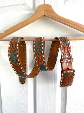 Vintage Chambers Phoenix Hand-Tooled Leather Belt Turquoise Thunderbird Size 44